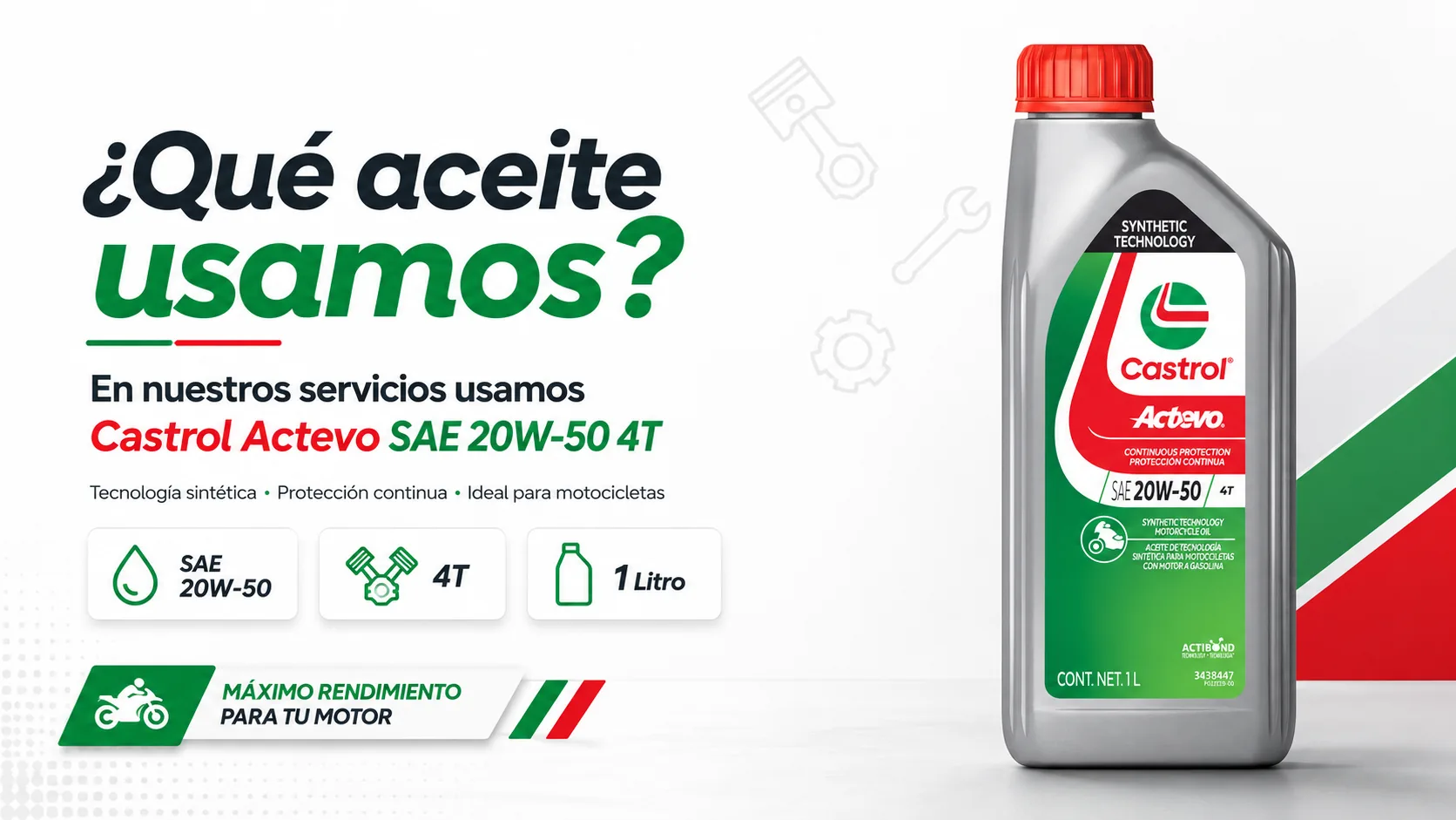 Castrol Actevo SAE 20W-50 4T — aceite sintético para motocicletas que usamos en nuestros servicios
